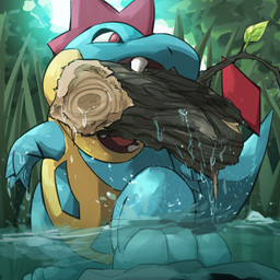 3_toes 4_fingers ambiguous_feral ambiguous_gender biped bite blue_body blue_scales blue_tail day feet feral fingers light log multicolored_body multicolored_scales open_mouth outside partially_submerged plant pupils red_body red_eyes red_scales reeds rock scales semi-anthro sharp_teeth slit_pupils snout solo standing sunlight swamp tail tapering_tail teeth toes water wet wood yellow_body yellow_scales spicyichizo nintendo pokemon crocodilian croconaw generation_2_pokemon pokemon_(species) reptile scalie 1:1 2025 absurd_res hi_res lighting shaded