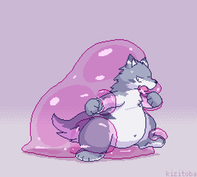 >_< ambiguous_gender anthro belly belly_inflation big_belly blush blush_lines bodily_fluids breath countershade_fur countershading eyes_closed fangs force_feeding force_feeding_goo forced fur gradient_background grey_body grey_fur huge_belly hyper hyper_belly inflation kemono navel open_mouth panting pawpads paws purple_goo purple_slime restrained_arms restrained_legs simple_background slime_inflation solo struggling sweat sweatdrop teeth vore white_belly white_body white_fur kizitoba canid canine mammal animated animated_gif digital_media_(artwork) long_playtime pixel_(artwork) pixel_animation
