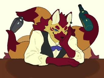 alcohol anthro bar bartender beverage bottle bow_tie claws clothed clothing cocktail_shaker collared_shirt container dress_shirt ear_piercing ear_ring eyebrows front_view fur hair hand_on_cheek holding_object kemono long_sleeves looking_at_viewer male multi_tail one_eye_closed piercing ring_piercing shirt simple_background smile solo suit tail tail_holding_object topwear tuft vest white_background mawarisaka3 asian_mythology east_asian_mythology mythology canid canine fox fox_spirit mammal mythological_creature 2025 2d_animation 4:3 animated frame_by_frame loop no_sound short_playtime video