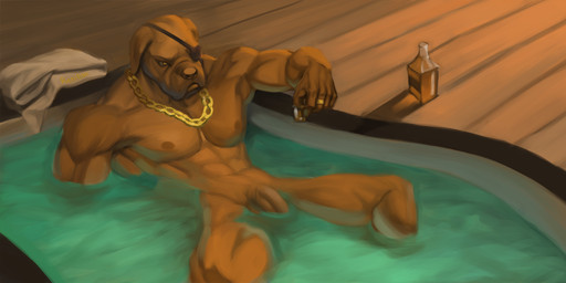 alcohol anthro bath bathhouse beverage chain_necklace container cup eye_patch eyewear flaccid floating genitals glass glass_container glass_cup jewelry male muscular muscular_male necklace nude penis relaxing ring solo towel whiskey ranidae_the_iii canid canine canis domestic_dog mammal digital_media_(artwork) hi_res