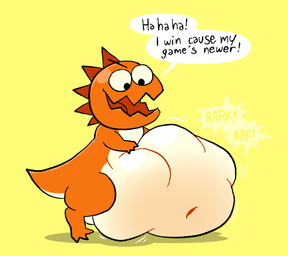 abdominal_bulge barking belly big_belly biped bipedal_feral feral huge_belly male motion_lines navel open_mouth orange_body semi-anthro short_arms simple_background soft_vore solo standing tail tan_body text tongue vore pawplants nintendo rhythm_heaven the_beast_(rhythm_heaven) dinosaur prehistoric_species reptile scalie 2026 english_text hi_res
