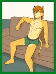 3:4 anthro barefoot blie_eyes border briefs briefs_only brown_hair bulge clothed clothing feet felid fur furniture fuze green_border green_briefs green_clothing green_underwear hair hi_res inside lion lion_frat_dude_(fuze) male mammal navel nipples on_sofa orange_body orange_fur pantherine pink_nose sharp_teeth sitting smile sofa solo tan_body tan_fur teeth topless underwear underwear_only