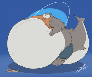 anthro belly belly_overhang big_belly big_tail blue_bottomwear blue_clothing blue_shorts bottomwear chubby_cheeks clothed clothing crumbs fat_arms fin food gills hand_on_belly huge_belly huge_tail hyper hyper_belly male moobs morbidly_obese morbidly_obese_anthro morbidly_obese_male neck_rolls obese obese_anthro obese_male orange_clothing orange_shirt orange_tank_top orange_topwear overweight overweight_anthro overweight_male plate shirt shorts simple_background solo standing tail tank_top topwear fatlouie turin_montana aquatic fish shark 2025 6:5 hi_res signature