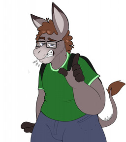 5_fingers anthro bent_arm black_ear_tips black_fingers blue_bottomwear blue_clothing blue_eyes blue_pants bottomwear braces brown_eyebrows brown_hair brown_tail_tuft clothed clothed_anthro clothed_male clothing curly_hair dipstick_ears ear_markings eyebrows eyewear fingers freckled_face freckles fully_clothed fully_clothed_anthro fully_clothed_male fur glasses green_clothing green_shirt green_t-shirt green_topwear grey_body grey_fur grey_tail hair half-closed_eyes hooved_fingers hooves light long_ears looking_at_viewer male male_anthro multicolored_ears narrowed_eyes pants pockets rectangular_glasses shirt short_hair simple_background solo standing stubble t-shirt tail tail_tuft teeth text thick_thighs topwear tuft white_background ractoons asinus donkey equid equine mammal 2022 artist_name colored digital_drawing_(artwork) digital_media_(artwork) english_description half-length_portrait hi_res lighting portrait