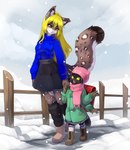absurd_res anthro arthropod backpack breasts clothing coat cricket digital_media_(artwork) duo felid female hair hand_holding hi_res hikari_(xirix) insect mammal mother_(lore) mother_and_child_(lore) orthopterid pantherine parent_(lore) parent_and_child_(lore) school_uniform shaded snow snow_leopard talilly topwear umbra_(xirix) uniform