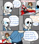 blush bone clothing dialogue ellipsis erection female genitals group imminent_sex magic magic_penis male not_furry penis skeleton text nsfwshamecave undertale undertale_(series) frisk_(undertale) papyrus_(undertale) sans_(undertale) animated_skeleton human mammal undead comic english_text