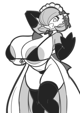 3_fingers accessory big_breasts bow_ribbon bra breasts chest_spike clothing dress eyelashes female female_humanoid fingers frilly frilly_accessory frilly_hairband gloves grey_body hair hair_accessory hairband handwear huge_breasts legwear maid_headdress open_mouth open_smile peeking_areola pseudo_clothing pseudo_hair short_hair smile solo spikes spikes_(anatomy) thick_thighs thigh_highs thong underwear white_body sigruku nintendo pokemon gardevoir generation_3_pokemon humanoid pokemon_(species) 2026 digital_drawing_(artwork) digital_media_(artwork) hi_res monochrome sketch
