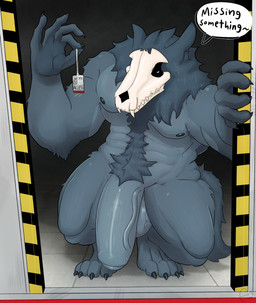 4_toes anthro armpit_hair aroused balls big_balls big_penis bodily_fluids body_hair bone chest_hair dark_room feet fluffy fluffy_tail genital_fluids genitals gesture glistening glistening_balls glistening_body glistening_genitalia hairy huge_balls huge_penis key male muscular muscular_anthro muscular_male nails neck_tuft nipples penis pubes simple_background skull skull_head solo speech_bubble tail text thick_thighs toes tuft vein veiny_penis aimskull canid canine mammal skulldog_(species) 2026 absurd_res english_text hi_res signature