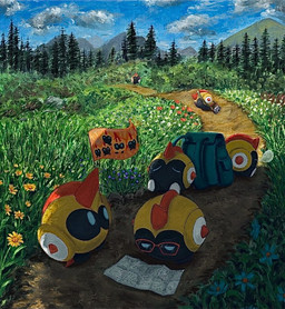 ambiguous_gender backpack blue_eyes cloud evergreen_tree eyes_closed eyewear flower glasses grass group horn map multicolored_body nose_bubble pine_tree plant sitting sky tired tree gyuragyura nintendo pokemon falinks generation_8_pokemon pokemon_(species) waddling_head 2026 painting_(artwork)