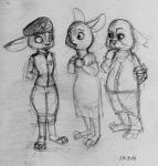 anthro beret clothing female frown group hands_behind_back hat headgear headwear humor male military science_fiction uniform avoid_posting steve_gallacci disney starship_troopers zootopia bonnie_hopps judy_hopps stu_hopps lagomorph leporid mammal rabbit 2016 comic crossover hi_res monochrome sketch traditional_media_(artwork) parent_(lore)