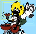 apron blonde_hair clothing ear_piercing ear_ring female food grill hair male male/female meat piercing ring_piercing sausage tabbiewolf jeremy_(tabbiewolf) thoe_(tabbiewolf) equid equine mammal mephitid skunk zebra