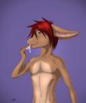 anthro blue_eyes bodily_fluids cum cum_in_mouth cum_inside eyewear genital_fluids glasses hair male navel nude purple_background red_hair simple_background solo tongue silas_blackwing lagomorph leporid mammal rabbit absurd_res hi_res