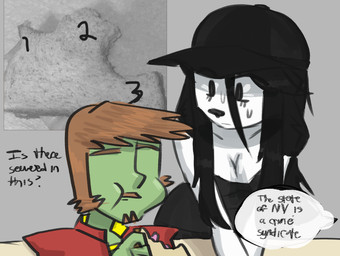 anthro black_eyes black_hair bodily_fluids breasts brown_body brown_eyebrows brown_fur cleavage clothed clothing dialogue duo eating eyebrows eyeless facial_hair female food fur goatee green_body green_skin grey_background hair hat headgear headwear holding_food holding_object leaning leaning_forward looking_at_another male mustache short_hair simple_background sweat sweatdrop text topwear white_body white_fur thighlordash anon bridgette_(thighlordash) canid canine canis domestic_dog human hunting_dog mammal terrier english_text