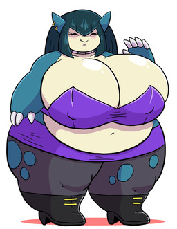 alternative_fashion anthro bangs belly big_belly big_breasts blush boots bottomwear breasts claws cleavage clothed clothing collar crossed_bangs ear_piercing eyelashes eyes_closed fangs female finger_claws footwear gesture goth green_hair hair high_heeled_boots high_heels hime_cut huge_breasts huge_thighs legwear looking_at_viewer multicolored_body navel nipple_outline obese obese_anthro obese_female overweight overweight_anthro overweight_female piercing shoes simple_background skirt solo standing stockings tan_body teal_body teeth thick_thighs topwear torn_clothing torn_legwear torn_stockings two_tone_body waving white_background wide_hips grepstrash nintendo pokemon bear generation_1_pokemon mammal pokemon_(species) snorlax 2020 absurd_res full-length_portrait hi_res portrait
