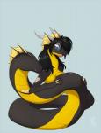 2019 anthro apode black_hair blue_eyes breasts draconcopode female hair human_to_anthro legless long_hair naga non-mammal_breasts open_mouth reptile scalie sea_serpent sepisnake serpentine simple_background snake solo species_transformation tomek1000_(character) transformation