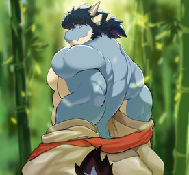 abs anthro back_muscles bamboo bamboo_forest clothing ear_piercing ear_ring facial_hair forest hair horn looking_at_viewer looking_back looking_back_at_viewer male muscular muscular_male nipples piercing plant pointy_ears ponytail red_eyes ring_piercing robe scales sideburns solo tail tail_fur tree undressing_self dakrpo anothereidos_of_dragon_vein_r mythology folker_(anothereidos_r) dragon mythological_creature mythological_scalie scalie absurd_res hi_res