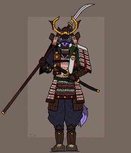 anthro armor clothed clothing front_view fur green_eyes katana looking_at_viewer male melee_weapon naginata polearm purple_body purple_fur samurai samurai_armor solo standing sword warrior weapon alexandrys undertale_(series) undertale_yellow chujin_ketsukane boss_monster_(undertale) canid canine fox mammal hi_res