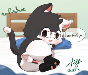 anus bed black_body black_fur butt censored_genitalia censored_penis cute_fangs dipstick_tail eyewear fangs fur furniture genitals glasses head_fluff heart_symbol inner_ear_fluff inviting looking_at_viewer looking_back lying male markings on_bed on_side open_mouth pawpads penis pillow pink_inner_ear pink_pawpads presenting presenting_anus presenting_hindquarters presenting_penis rectangular_glasses solo tail tail_markings teeth text tuft white_body white_fur white_inner_ear_fluff reboot_(reboot) domestic_cat felid feline felis mammal censored english_text hi_res