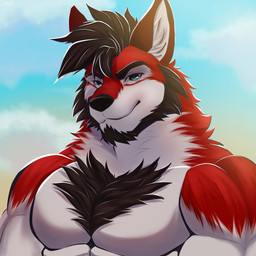 anthro beard black_beard black_facial_hair black_hair blue_eyes facial_hair fur hair male muscular red_body red_fur solo white_body white_fur saronarts canid canine mammal 1:1 absurd_res hi_res