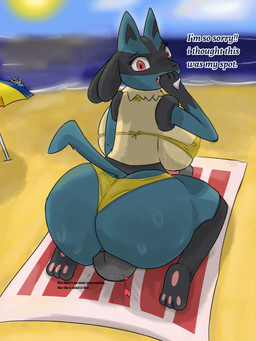 ambiguous_gender anthro beach big_breasts big_butt bikini black_body black_fur blue_body blue_fur breasts butt clothing cloud dripping duo faceless_character faceless_male facesitting feet female female/ambiguous fur hand_on_mouth heart_symbol huge_breasts huge_butt looking_at_another looking_back male multicolored_body parasol rear_view red_eyes sand sea sitting_on_another sun sunny swimwear tail text towel two-piece_swimsuit water wet worried worried_look majika nintendo pokemon anon canid canine generation_4_pokemon human lucario mammal pokemon_(species) 3:4 english_text hi_res