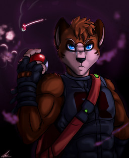 5_fingers anthro backpack black_nose blue_eyes brown_body brown_fur brown_hair clothed clothing fingerless_gloves fingers front_view frown fur gloves glowing glowing_eyes hair handwear holding_object holding_pokeball looking_at_viewer male pokeball red_eyes short_hair sleeveless_shirt solo standard_pokeball fox-die nintendo pokemon generation_1_pokemon legendary_pokemon mewtwo pokemon_(species)