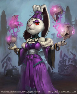 ambiguous_gender anthro bone breasts buckteeth clothing dress female fur group magic magic_user necromancer purple_clothing purple_dress red_eyes skeleton skull solo_focus teeth white_body white_fur tealfuleyes hex:_shards_of_fate yuka_(hex:_shards_of_fate) animated_skeleton lagomorph leporid mammal rabbit undead 2013 digital_media_(artwork) official_art
