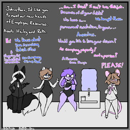 anthro clothing debt dialogue drone female group human_resource_management hypnotic_screen latex leotard male objectification questionable_consent tablet tech_control text water_cooler workplace culixcupric canid canine canis domestic_cat felid feline felis jackal lagomorph leporid mammal mouse murid murine rabbit rodent 1:1 digital_media_(artwork) english_text