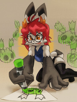 anthro antlers clothing eyelashes eyewear fangs female glasses gloves_(marking) hair horn legwear marker markings muscular muscular_female red_hair solo tail teeth thigh_highs tongue tongue_out white_body fenceil atlyss poon_(atlyss) slime_(atlyss) 2025 absurd_res hi_res