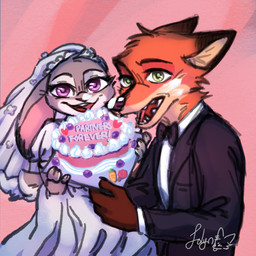 anthro bottomwear bow_tie cake clothed clothing dessert dress duo female food fur grey_body holding_object holding_tray looking_at_viewer male open_mouth purple_eyes simple_background smile standing suit text topwear tray wedding_cake wedding_dress wedding_veil jolyn_foxxo disney zootopia judy_hopps nick_wilde canid canine canis fox lagomorph leporid mammal rabbit red_fox true_fox 1:1 digital_media_(artwork) english_text hi_res