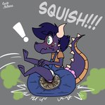 anthro big_diaper chibi clothed clothing diaper diaper_squish embarrassed exposed_diaper falling falling_on_ground fangs full_diaper green_eyes green_markings hair horn legs_in_air legs_up male markings noticing onomatopoeia overalls purple_body purple_hair raised_tail realization sitting_on_diaper smelly soiled_diaper solo sound_effects spiked_tail spikes spikes_(anatomy) squish stink_fumes tail teeth text unclean_diaper used_diaper wavy_mouth wearing_diaper poofbuttrocky mythology jet_(jetthedrake) dragon mythological_creature mythological_scalie scalie wingless_dragon