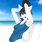 anthro armpit_hair beach body_hair clothing female hair one-piece_swimsuit pose solo swimwear tail kitsukael canid canine fox mammal 1:1 hi_res pinup