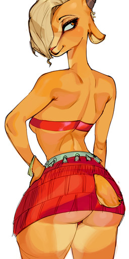 2_horns anthro bandeau big_butt blonde_hair bottomwear breasts butt clothing female fur hair hair_over_eye horn miniskirt rear_view red_clothing short_tail simple_background skirt smile solo standing tail tan_body tan_fur thick_thighs topwear white_background wide_hips ryota_ravioli disney zootopia gazelle_(zootopia) antelope bovid gazelle mammal thomson's_gazelle true_antelope absurd_res hi_res