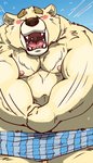 anthro belly blush clothing covering covering_crotch covering_self eyes_closed fur kemono male moobs navel nipples overweight overweight_anthro overweight_male solo teeth underwear white_body white_fur raichoclub bear mammal polar_bear ursine 2019 hi_res