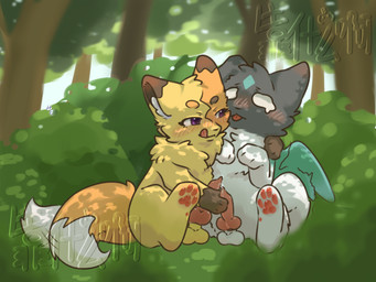 2_tails animal_genitalia animal_penis balls black_body black_fur black_head blush blush_lines bodily_fluids canine_genitalia canine_penis cyan_wings fluffy fluffy_tail forest forest_background fur genital_fluids genitals grass handjob inner_ear_fluff leaking_precum licking licking_lips male male/male multi_tail multicolored_body multicolored_fur nature nature_background pawpads paws penile penis plant precum purple_eyes sex shrub tail tongue tongue_out tree tuft white_body white_fur wings yellow_body yellow_fur kaosma fabulous_beasts canid canine fox mammal 4:3