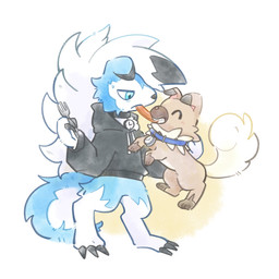 ambiguous_gender anthro blue_body blue_eyes blue_fur brown_body brown_fur collar cutlery duo feral fork fur kitchen_utensils tail tools white_body white_fur baeryila nintendo pokemon kian_(kianyemao) canid canine generation_7_pokemon lycanroc mammal midnight_lycanroc pokemon_(species) rockruff shiny_pokemon 1:1 hi_res