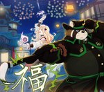 anthro brown_body brush clothed clothing detailed_background duo hat headgear headwear humanoid_hands magic male night outside overweight overweight_male paintbrush freakinglargeoof ikinarumi lifewonders live_a_hero shoen canid canine human mammal raccoon_dog tanuki 2022 absurd_res hi_res