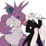 1:1 alcohol anthro beverage black_tie_(suit) bow_(feature) bow_tie butler clothed clothing cocktail duo femboy feral generation_1_pokemon generation_5_pokemon looking_back male male/male mammal martini mienshao mustelid nidoking nintendo pokemon pokemon_(species) shamelesss smug suit