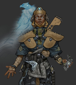5_fingers ambiguous_feral ambiguous_gender armor beak beak_closed belt belt_pouch black_belt black_eyebrows black_hair blue_beak blue_body blue_clothing blue_eyes blue_feathers blue_jacket blue_topwear blue_wings bottomwear brown_body brown_fingernails brown_helmet brown_lips brown_nails brown_skin closed_frown clothed clothed_female clothed_human clothing colored_nails dreadlocks duo eyebrows feathered_wings feathers female female_human feral fingernails fingers frown frowning_at_viewer fully_clothed fully_clothed_female fully_clothed_human grey_background grey_bottomwear grey_clothing grey_pants gun gun_holster gun_on_back hair holding_object holding_tool jacket larger_female larger_human light lips looking_at_viewer mouth_closed nails narrowed_eyes not_furry_focus pants pauldron ranged_weapon simple_background size_difference smaller_ambiguous smaller_feral squint standing text tools topwear weapon wings cristina_lavina_ferez highguard_(game) aria_(highguard) condor_(highguard) accipitriform avian bird human mammal spirit vulture 2026 artist_name colored concept_art digital_drawing_(artwork) digital_media_(artwork) english_description english_text hi_res lighting official_art shaded female_(lore)