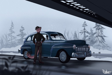 anthro biped black_hair bottomwear brown_eyes car cigarette clothed clothing cloud day detailed_background eyebrows footwear forest fully_clothed hair male male_anthro outside overcast pants plant plantigrade shoes sky smoking smoking_cigarette snow snowing solo topwear tree vehicle winter pawprincess mercury_(brand) milo_(depressedlgbtkiwi) felid mammal pantherine snow_leopard 2024 3:2 absurd_res digital_media_(artwork) hi_res signature