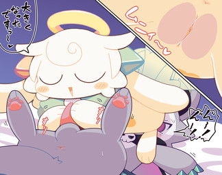 69_position anthro anus balls bed bedding biped blush blush_stickers cheek_tuft chibi claws cutaway dialogue digitigrade duo eyes_closed facial_tuft feet female female_anthro female_on_anthro female_on_top front_view fur fur_tuft furniture genitals green_claws grey_body grey_fur halo handjob head_tuft hindpaw innie_vulva interspecies lying lying_on_bed male male/female male_anthro male_on_anthro male_on_bottom muffled on_bed on_bottom on_top onomatopoeia oral paws penile penis purple_eyes sex sex_on_bed sound_effects speech_bubble tapering_penis text tuft vulva white_body white_fur crepix devil_connection makemon devilun_(makemon) kupyadel_(makemon) 2025 cel_shading digital_drawing_(artwork) digital_media_(artwork) japanese_text shaded