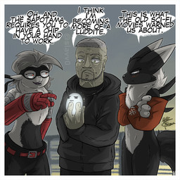 anthro beard belt black_body black_fur bottomwear clothing device electronic_device facial_hair female fur glowing grey_hair group hair male open_mouth pants red_eyes sapotama speech_bubble text topwear trio white_body white_fur slavv0 bandai_namco digimon digimon_beatbreak rita_(slavv0) digimon_(species) human mammal renamon wolvermon 1:1 2025 digital_media_(artwork) english_text hi_res