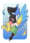 ambiguous_gender black_body black_eyes blue_background blue_body border feathers feral green_body looking_down multicolored_body simple_background solo white_background white_border yellow_body chaba nintendo pokemon chatot generation_4_pokemon pokemon_(species) hi_res