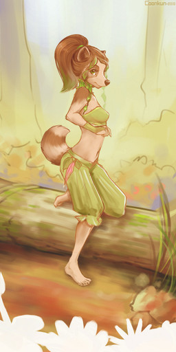 2010 barefoot bent_leg bush clothed clothing coonkun feather female fingerless_gloves gloves green_eyes hair_tie leaning log looking_at_viewer midriff nature outside plant ponytail raccoon ringtail short_tail skimpy solo standing tree vivian wood
Rating: Safe
Score: 11
User: ippiki_ookami
Date: March 19, 2011