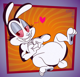 anthro black_body black_ears black_fur black_tail fangs featureless_crotch fur gesture half-closed_eyes hand_gesture heart_gesture heart_symbol long_ears looking_at_viewer lying male multicolored_body multicolored_fur narrowed_eyes on_back pink_sclera red_eyes scut_tail sharp_teeth short_tail smile solo tail teeth text three-quarter_view toony two_tone_body two_tone_fur two_tone_tail white_body white_fur white_nose white_tail gavanzude bunnicula_(series) bunnicula lagomorph leporid mammal rabbit vampire 2025 artist_name digital_media_(artwork) hi_res