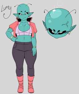 antennae_(anatomy) blue_body bottomwear bracelet cleavage_cutout clothing crop_top cutout ear_piercing ear_ring female jewelry lumy_(doughyleo) pants piercing pointy_ears ring_piercing shirt topwear doughyleo alien humanoid hi_res
