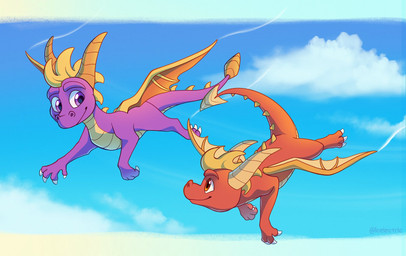 claws duo feral horn male membrane_(anatomy) membranous_wings purple_eyes red_eyes sky smile spines tail wings icelectricspyro activision mythology spyro_the_dragon flame_(spyro) spyro dragon mythological_creature mythological_scalie scalie hi_res