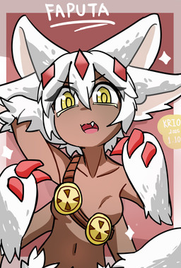 4_arms claws cloth dark_body dark_skin female female/female fur hair looking_at_viewer multi_arm multi_limb nude open_mouth simple_background smile solo white_body white_fur white_hair krio_mendo made_in_abyss faputa humanoid narehate absurd_res digital_media_(artwork) hi_res