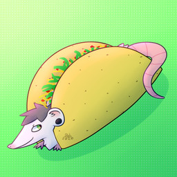 3_fingers ambiguous_gender anthro black_jewelry cheese chest_tuft dairy_products ear_piercing fingers food fur gauged_ear glistening glistening_eyes green_background green_eyes grey_hair hair in_food inner_ear_fluff jewelry lettuce looking_back piercing pink_inner_ear pink_nose pink_paws pink_tail plant shadow simple_background smile solo taco tail text textured_background tuft vegetable white_body white_fur white_inner_ear_fluff babbage odds-on american_opossum mammal marsupial 1:1 2020 dated digital_drawing_(artwork) digital_media_(artwork) hi_res signature nonbinary_(lore) trans_(lore) trans_man_(lore)