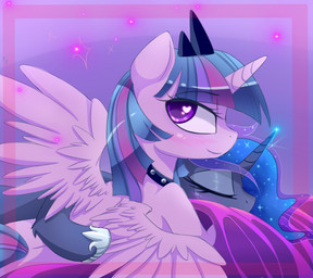 blue_hair blush collar crown duo eyes_closed feathered_wings feathers female feral hair headgear heart_eyes heart_symbol horn hug looking_at_viewer looking_back lying multicolored_hair rear_view simple_background smile studded_collar studs wings magnaluna friendship_is_magic hasbro my_little_pony mythology princess_luna_(mlp) twilight_sparkle_(mlp) equid equine mammal mythological_creature mythological_equine winged_unicorn 2015 hi_res
