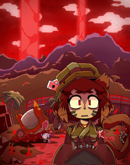 anthro armor belt bodypaint breasts brown_body brown_hair clothing duo eyebrows eyelashes eyewear eyewear_on_head face_paint female goggles goggles_on_head hair headgear helmet machine male outside red_eyes scene_parody thousand_yard_stare whiskers yellow_sclera bk_nomodoro balatro gameoverse glitch_productions marines_call_it_that_2000_yard_stare kaboodle_(gameoverse) kit_bodega domestic_cat felid feline felis mammal robot 2026 hi_res